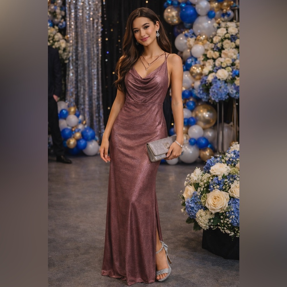 Morgan & Co. Backless Metallic Mauve Gown